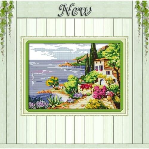 Seaside landscapes villa Scenic painting,Counted print on the canvas DMC 14CT 11CT Cross Stitch Needlework kits Embroidery Sets