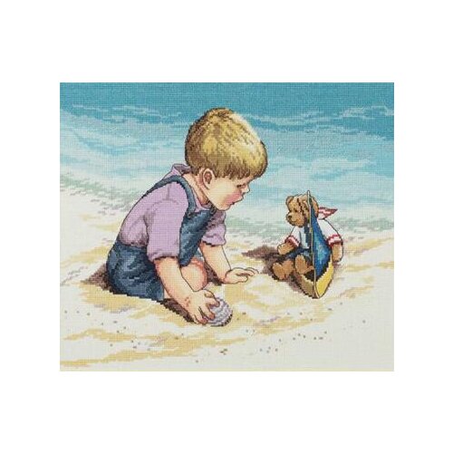 Gold Collection Counted Cross Stitch Kit Seashore Fun Sea Port Little Boy and Teddy Bear janlynn