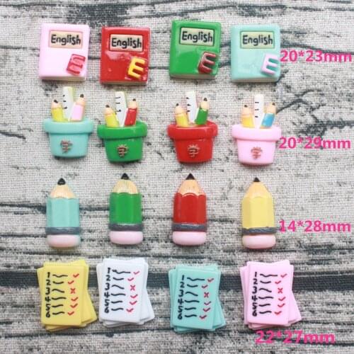 20Pcs New Cute School Items Mini Pencil Book Flatback Resin Cabochon Embellishments Diy Scrapbooking Phone Hair Bow Accessories