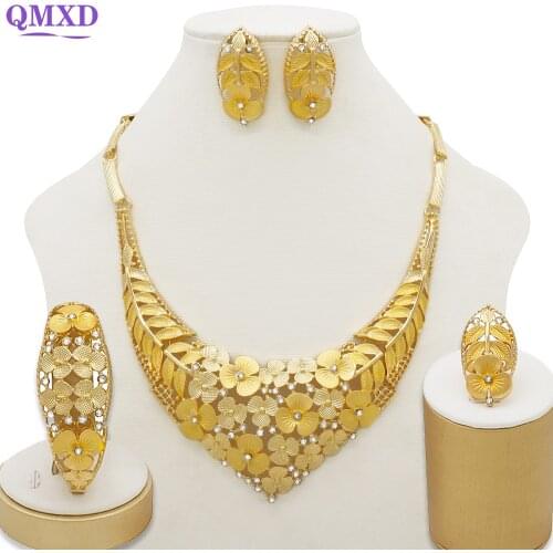 African Gold Jewelry Sets Wedding Big Necklace Bracelet Earings