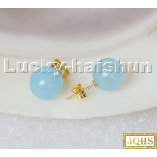 AAA natural Studs 10mm round light Blue Jade beads Earrings 14K gold post c298