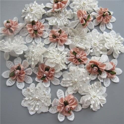 White and Pink Polyester Pearl 3D Flowers Embroidered Lace Trim Ribbon Fabric Handmade Sewing Craft For Costume Hat Decoration