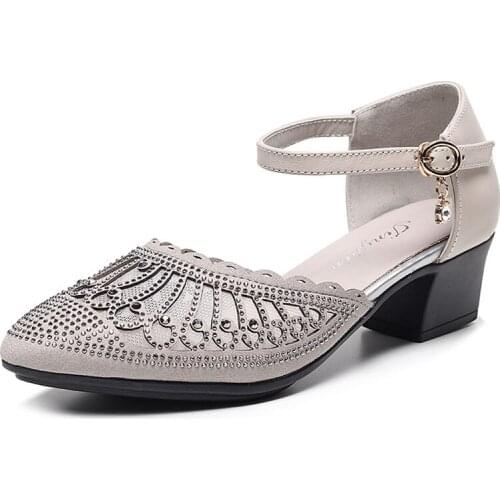 Female Cow Suede Pointed Toe Summer Shoes Women Thick Heel Sandals Hollow Breathable Air Mesh Rhinestone Buckle Casual Sandals