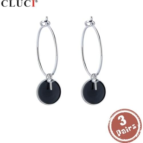 CLUCI 3 Pair 925 Sterling Silver Black Earrings for Women Pearl Mounting for Jewelry Making Silver 925 Hoop Earrings SE099SB