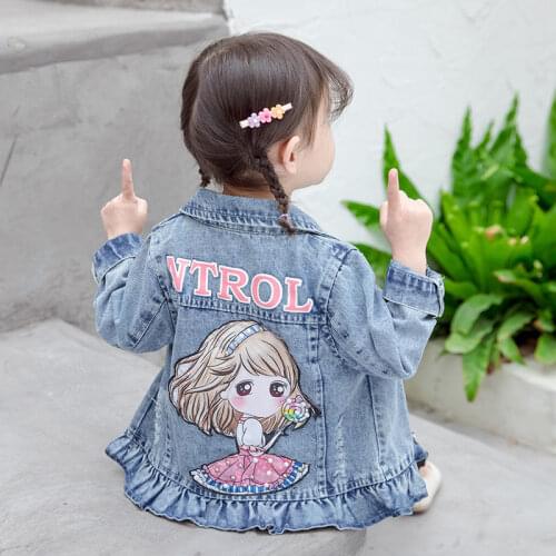 Cartoon Girls Print Kids Girls Denim Jacket Coats Single Breasted Children Outerwear Coats Vintage Hole Baby Jeans Jacket Clothe
