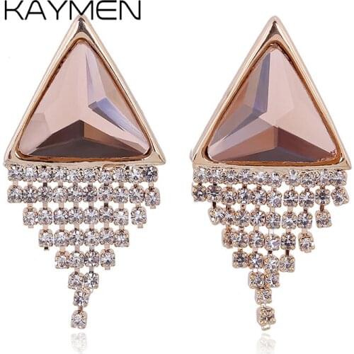KAYMEN Triangular Inlaid Crystals and Rhinestones Tassels Statement Clip Earrings for Women Dangle Earrings Jewelry