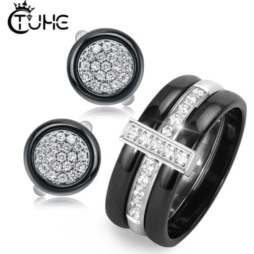 8mm Width Three Circle Ceramic Rings And Round Earrings Jewlery Sets Never Fade Healthy Ceramic Wedding Jewelry Sets Fashion