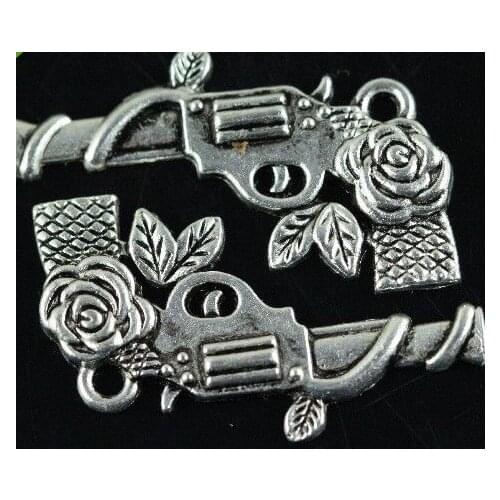 Hot Vintage Silvers Alloy Rose Pistol Gun Charm Pendant For Bracelet Necklace Jewelry Making Findings DIY Gift Handmade 17x31mm