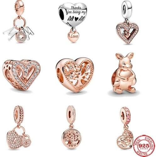Mom Love family tree key lock heart Pendant Charm Beads fit Original Pandora Bracelets for Women DIY Jewelry Making Rose Gold