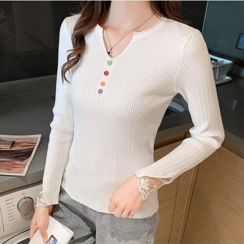 Harteen Autumn Winter New v-Neck Button Slim Lace Sweater Knitted Fashionable Office Lady Long Sleeve Women Clothing Top Femme