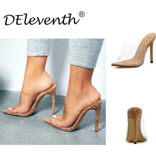 New Women Sandals PVC Pointed Toe 11.5CM Thin High heels Slip On women shoes sandalias mujer 2020 size 35-42 cream color