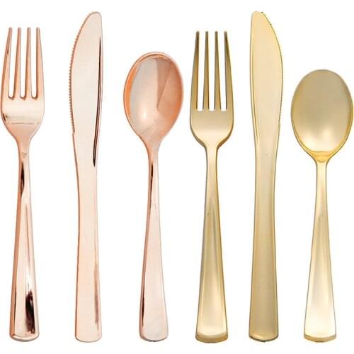 8/16pcs Rose Gold Disposable Tableware Plastic Spoon Fork Knife Birthday Wedding Table Decor Birthday Baby Shower Party Supplies