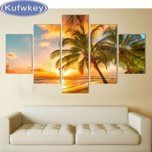 Full,Diamond Embroidery,5D,diy,Diamond Painting 5pcs sea,Sunset,coconut,3d picture,image,Stitch Cross,Diamond Mosaic,Needlework