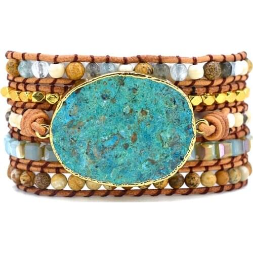 Boho Blue Earth Ocean Jasper Leather Bracelets Natural Stone 5 Strands Wrap friendship bracelets