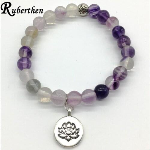 Ruberthen Vintage Design Fluorite Lotus Charm Bracelet Yoga Girls Gift Bracelet Natural Stone Bracelet
