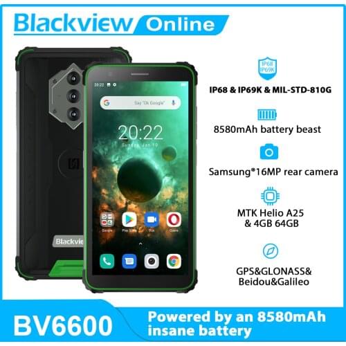 Blackview New BV6600 Octa Core 4GB+64GB IP68 Waterproof 8580mAh Rugged Smartphone 5.7" 16MP Camera NFC Android 10 Mobile Phone