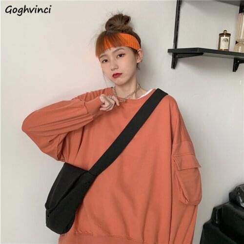 No Hat Hoodies Women Solid Pocket Harajuku O-neck Loose XXL High Street Oversize Casual Ulzzang Sweatshirts Simple Fashion Retro