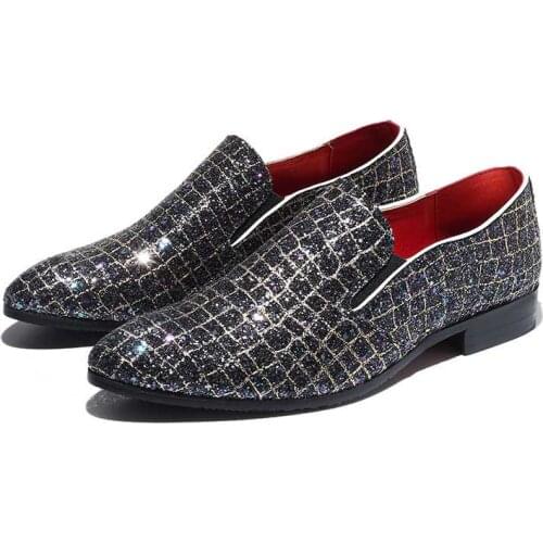 Sapato social masculino couro gingham glitter leather men slip on loafers summer causal velvet smoking slippers male shoes flats