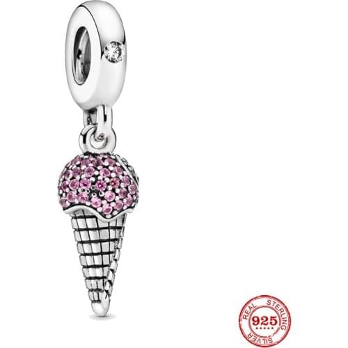 Unique 925 Sterling Silver Bead Pavé Ice Cream Cone Dangle Charm fit Original Pandora Bracelets for Women Jewelry Making Gift