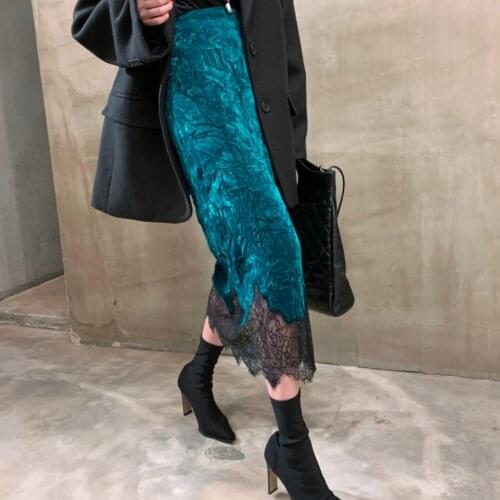 Spring autumn new fahsion velvet skirt women high waist lace patchwork split package hip skirt