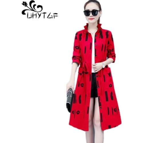 UHYTGF Women Windbreaker Fashion Black Red Coffee Mid-Length Spring Autumn Trench Coat Thin Tops Female Plus Size Outerwear 2094