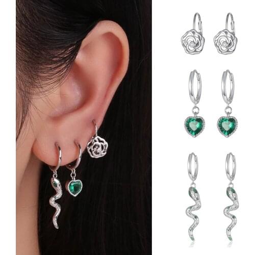 KAMERAON 925 Sterling Silver Earrings for Women Zircon Stud Hoop Clips Set Cute Heart Bear Snake Animal Shape Designer Jewelry