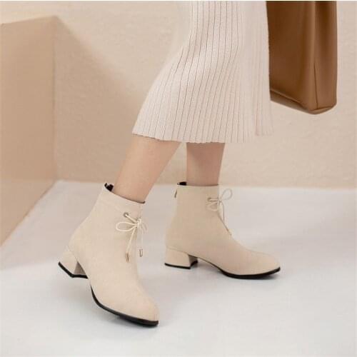 PXELENA Eegant Ankle Boots Bowtie Chunky Mid Heels Round Toe Back Zip Foux Suede Short Boots Woman Plus Size 34-45 Autumn New