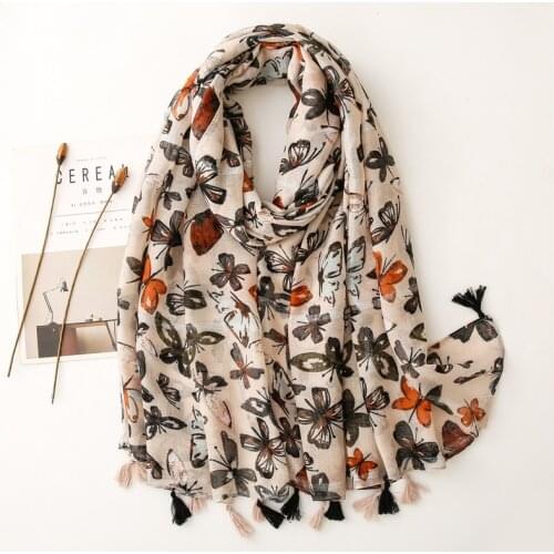 Tassel Long Scarf For Women Khaki Butterfly Printed Ladies Head Wraps Spring Summer Shawl 180x90cm