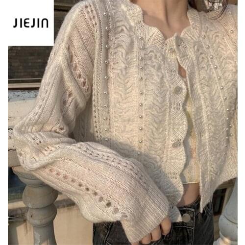 Button Hollow Beige Sweaters Woman Spring Summer 2021Knitted Cardigan Elegant Vintage Crop Top New Korea Women Thin Cardigan