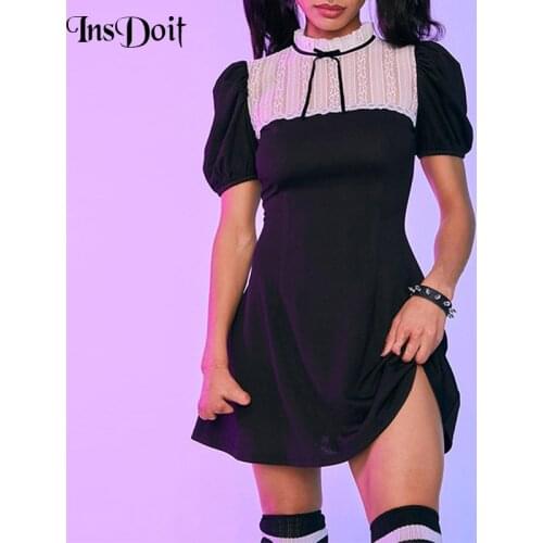 InsDoit Gothic Black Sexy Summer Dresses Women Harajuku Preppy Style Bandage High Waist Dress Patchwork Aesthetic Party Dress