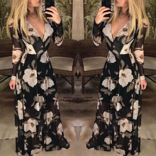 Women Floral Print Long Sleeve Deep V Neck Beach Dress Lady Evening Party Long Maxi Dress