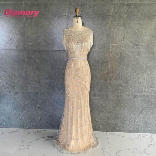 2020 New Arrival Heavy Beaded Rose Gold Mermaid Fashion Crystal Tassel Formal Evening Dress