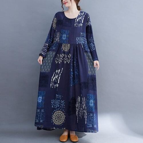 Cotton Linen Print Floral Chinese Style Vintage Dress 2021 New Arrival Long Sleeve Autumn Dress Women Casual Spring Long Dress