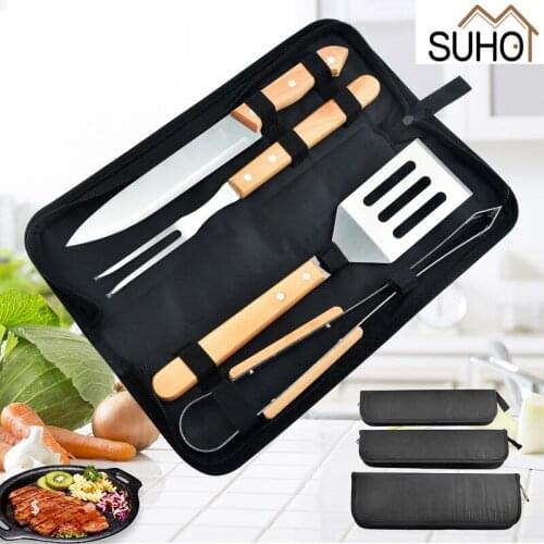2/3Pcs Stainless Steel Barbecue Knife Fork Tongs Skewer Set BBQ Roasting Grilling Tool Wooden Handle Spatula Roasting Shovel Set