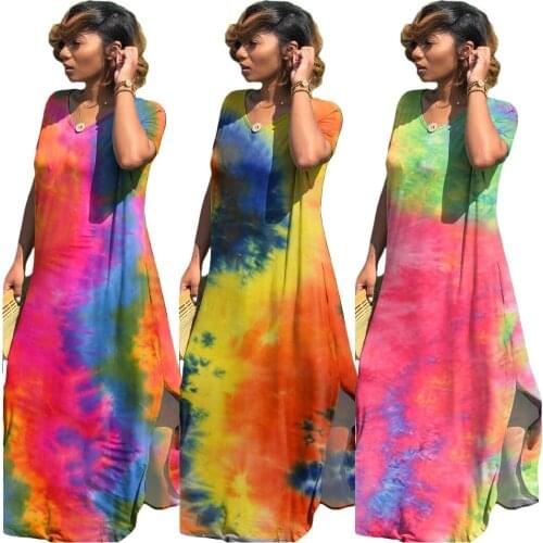 2021 Newest Women Maxi Dress V- Neck Colorful Tie-Dye Printed Short Sleeves Fashion Casual Loose A-Line Party Long Sleeves