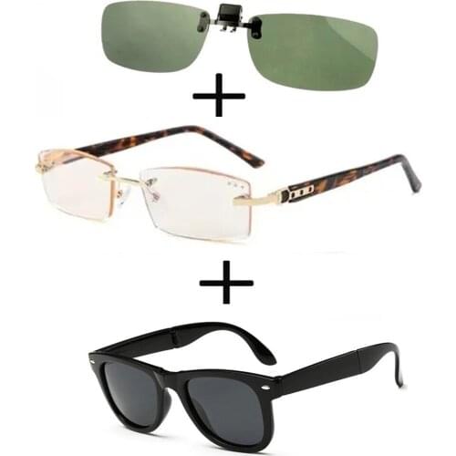 3Pcs!!! Titanium Gentleman Diamond Cut Reading Glasses Men Women + Polarized Sunglasses Squared Ultralight + Sunglasses Clip
