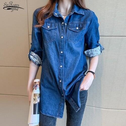 Loose Cotton Denim Button Shirts Women Coat New Autumn Long Sleeve Top Women Jacket Pockets Plus Size Blouses Women Casual 11968