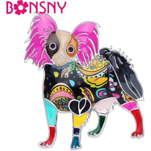 Bonsny Enamel Alloy Standing Papillon Dog Brooches Pin Clothes Scarf Accessories Animal Jewelry For Women Girls Pet Lovers Gifts