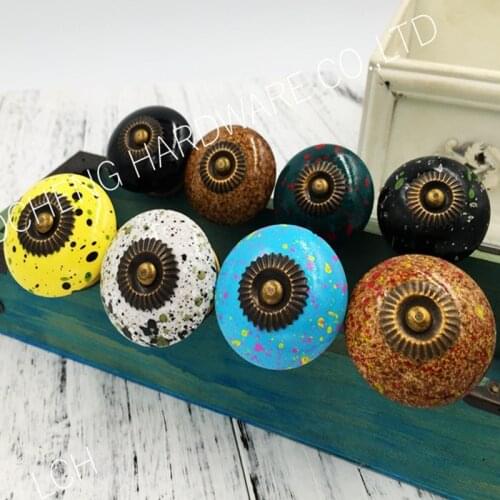 Fast SHIPPING 39MM Imitation Ceramic like Retro Ancient style Acrylic Painting Ceramic Knobs With Antique Brass Base