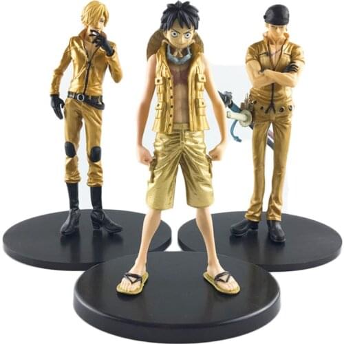 17cm 3pcs/set One Piece Zoro Sanji Luffy Action Figure Q Version PVC Golden Action Figurine Model Toys for Kids Spot