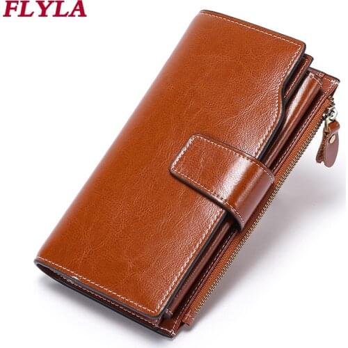 2021 Hot Sale Leather Women Wallet Rfid Long Oil Wax Leather Mobile Phone Clutch Bag Retro Large Capacity Women Clutch