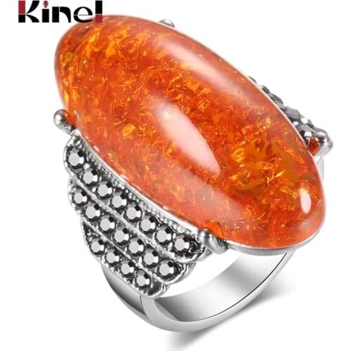 Kinel Fashion Big Oval Simulated Ambers Stone Ring For Women Silver Color Bright Black Crystal Ring Vintage Wedding Jewelry