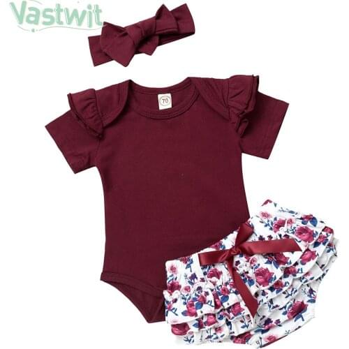 Newborn Toddler Baby Girls Clothes Sets Solid Color Short Sleeve Romper Tops Bow Flower Tutu Shorts Headband 3pcs Outfit Sets