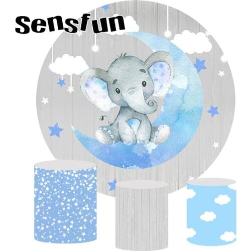 Round Circle Elephant Boys Baby Shower Newborn Backdrop Blue Moon Star Clouds Birthday Party Photography Background Plinth Cover