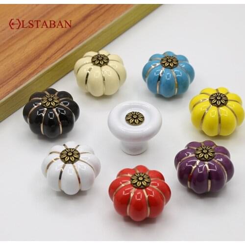 LSTABAN Chinese Pastoral Ceramic Pumpkin Style Handle Cabinet Drawer Shoe Cabinet Door Single Hole Wardrobe Handle