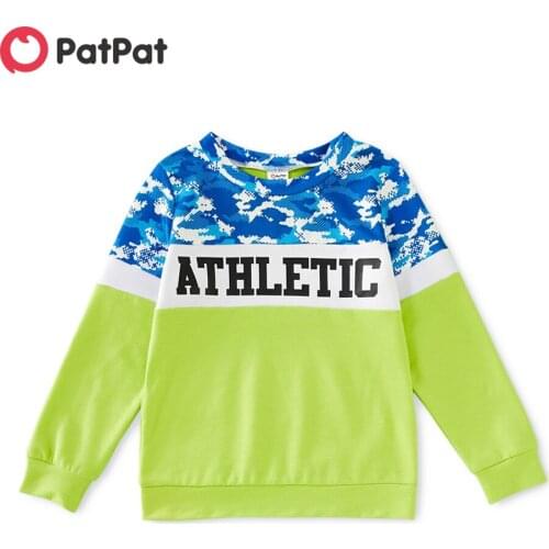 PatPat Fashionable Kid Boy Letter Print Camouflage Colorblock Casual Pullover Sweatshirt