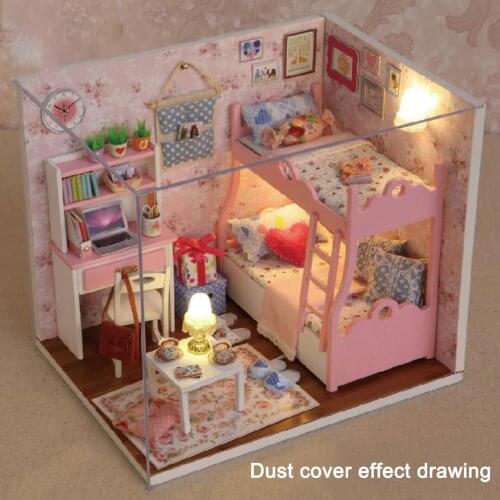 DIY Dollhouse Furniture Kits Wooden Romantic Pink Themed Bedroom Puzzle Toy