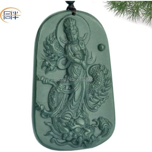 Nature gray jade Pendant Amulet Talisman Necklace Carven GuanYin Dragon