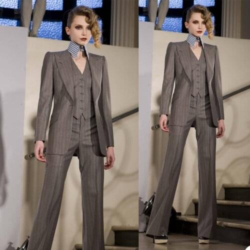 New Arrival Gray Stripe Women Pants Suits For Wedding Mother of the Bride Suit Ladies Evening Party Tuxedos Formal Wear 3 pieces