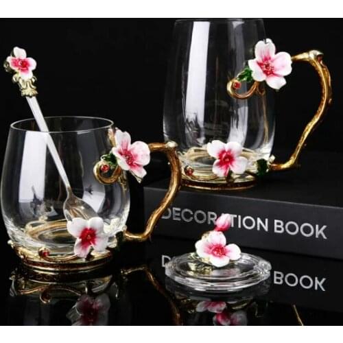 New Beauty And Novelty Enamel Coffee Cup Mug Flower Tea Glass Cups for Hot and Cold Drink Tea Mug Spoon Set Perfect Wedding Gift